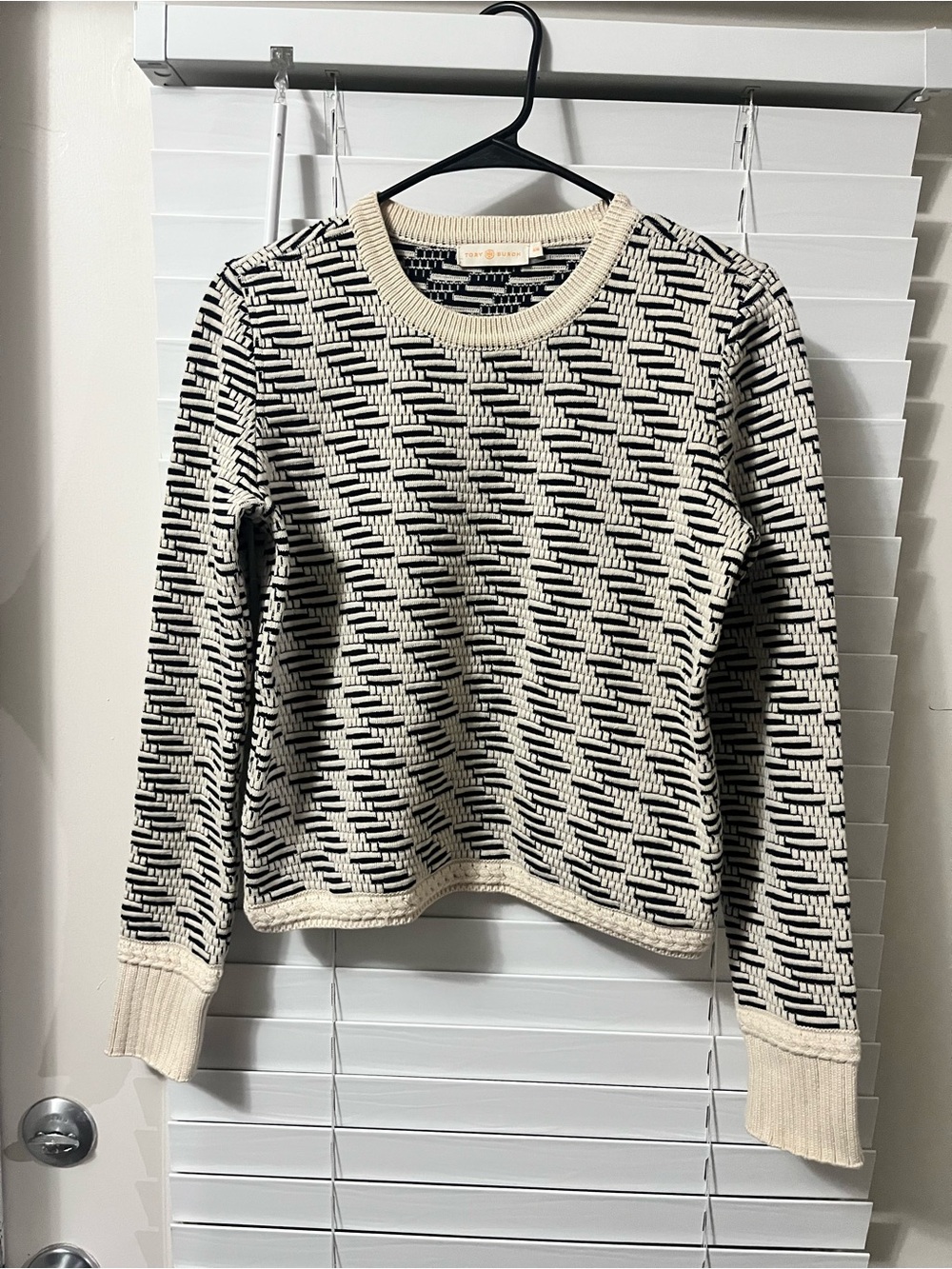 Tory Burch Cream and Black Patterned Crewneck Sweater